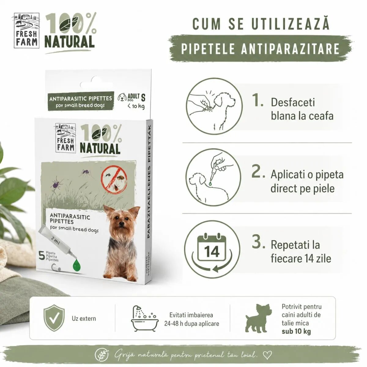 FRESH FARM deparazitare externă naturală câini pipetă repelentă deparazitare externă naturală câini XS-S pipetă repelentă 2ml x 5buc