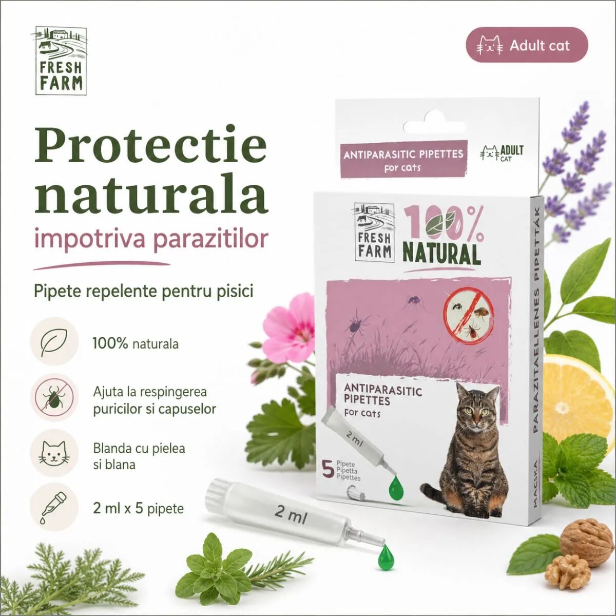 FRESH FARM deparazitare externă naturală pisici pipetă repelentă 2ml x 5buc