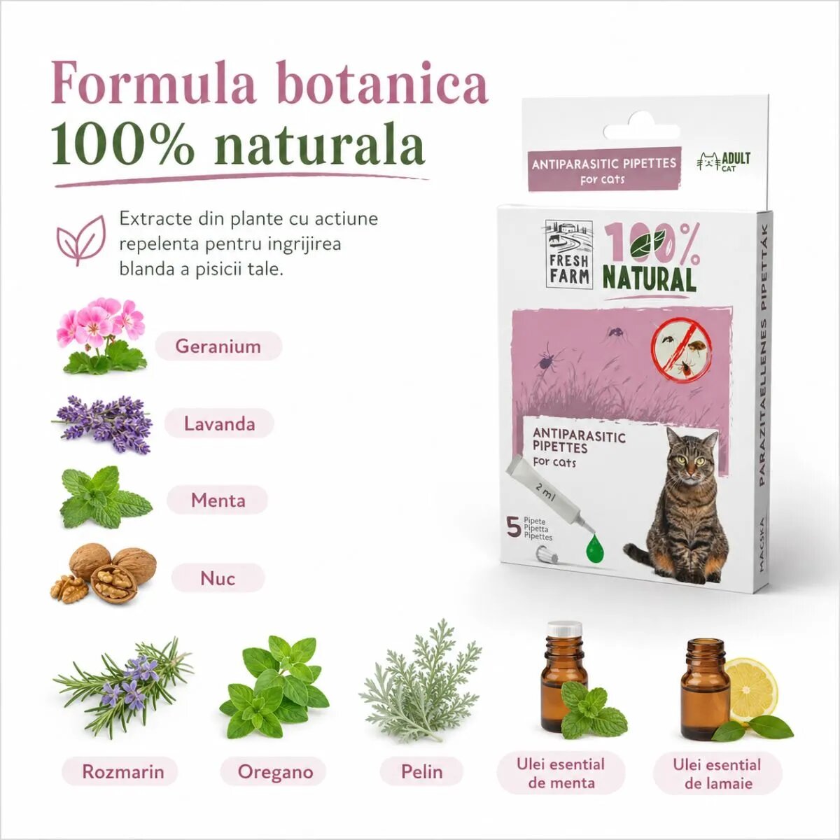FRESH FARM deparazitare externă naturală pisici pipetă repelentă 2ml x 5buc