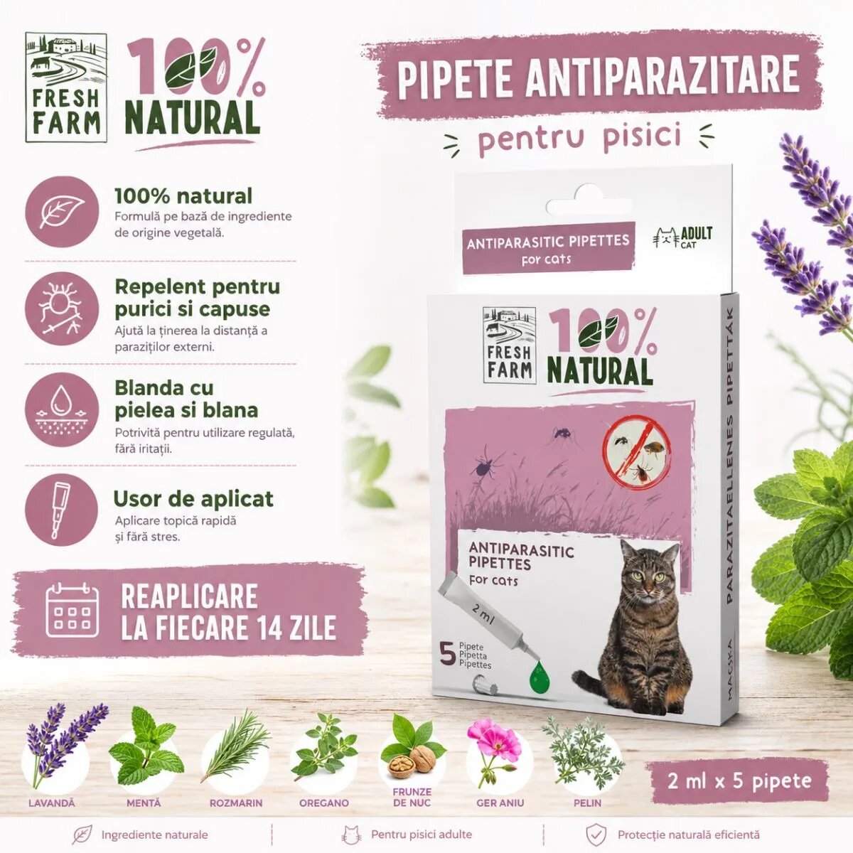 FRESH FARM deparazitare externă naturală pisici pipetă repelentă 2ml x 5buc