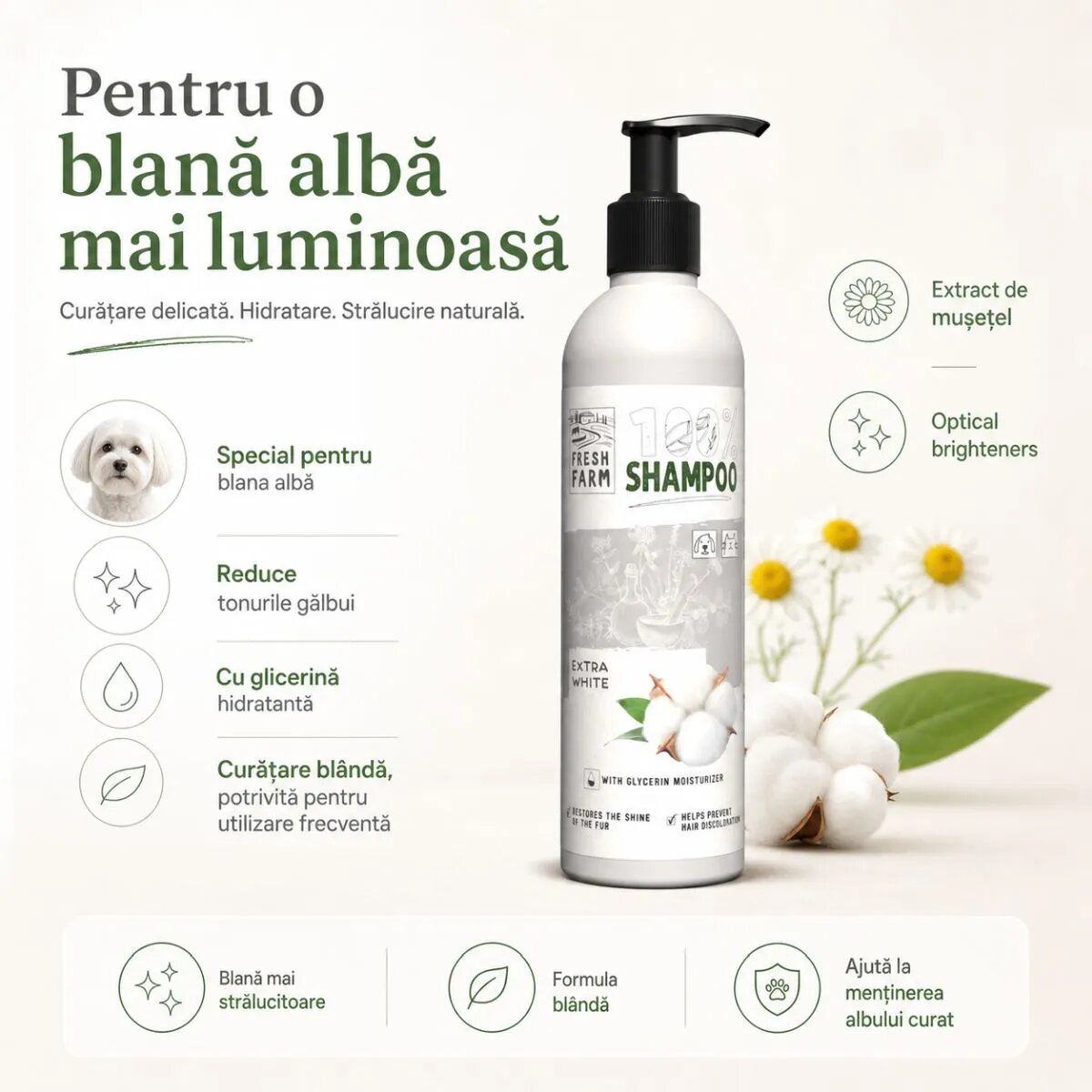 FRESH FARM Extra White XS-XL șampon câini blană albă flacon 250ml