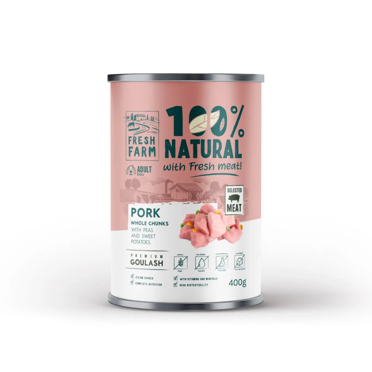 FRESH FARM Goulash XS-XL Porc conservă hrană umedă fără cereale câini (în supă) 400g