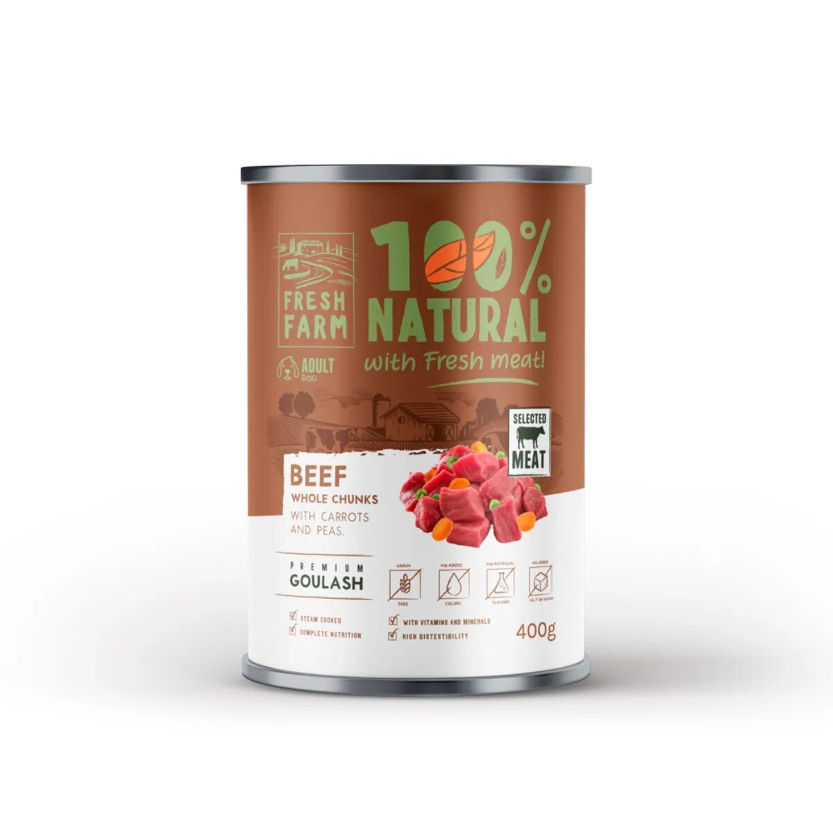 FRESH FARM Goulash XS-XL Vită conservă hrană umedă fără cereale câini (în supă) 400g