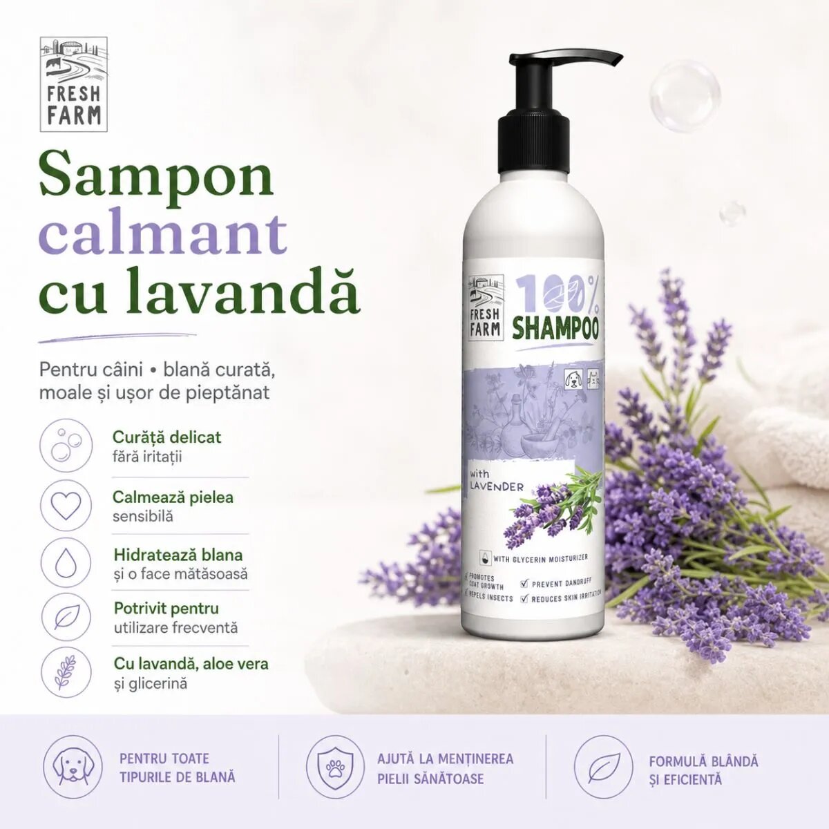 FRESH FARM Lavanda XS-XL șampon câini calmant flacon 250ml