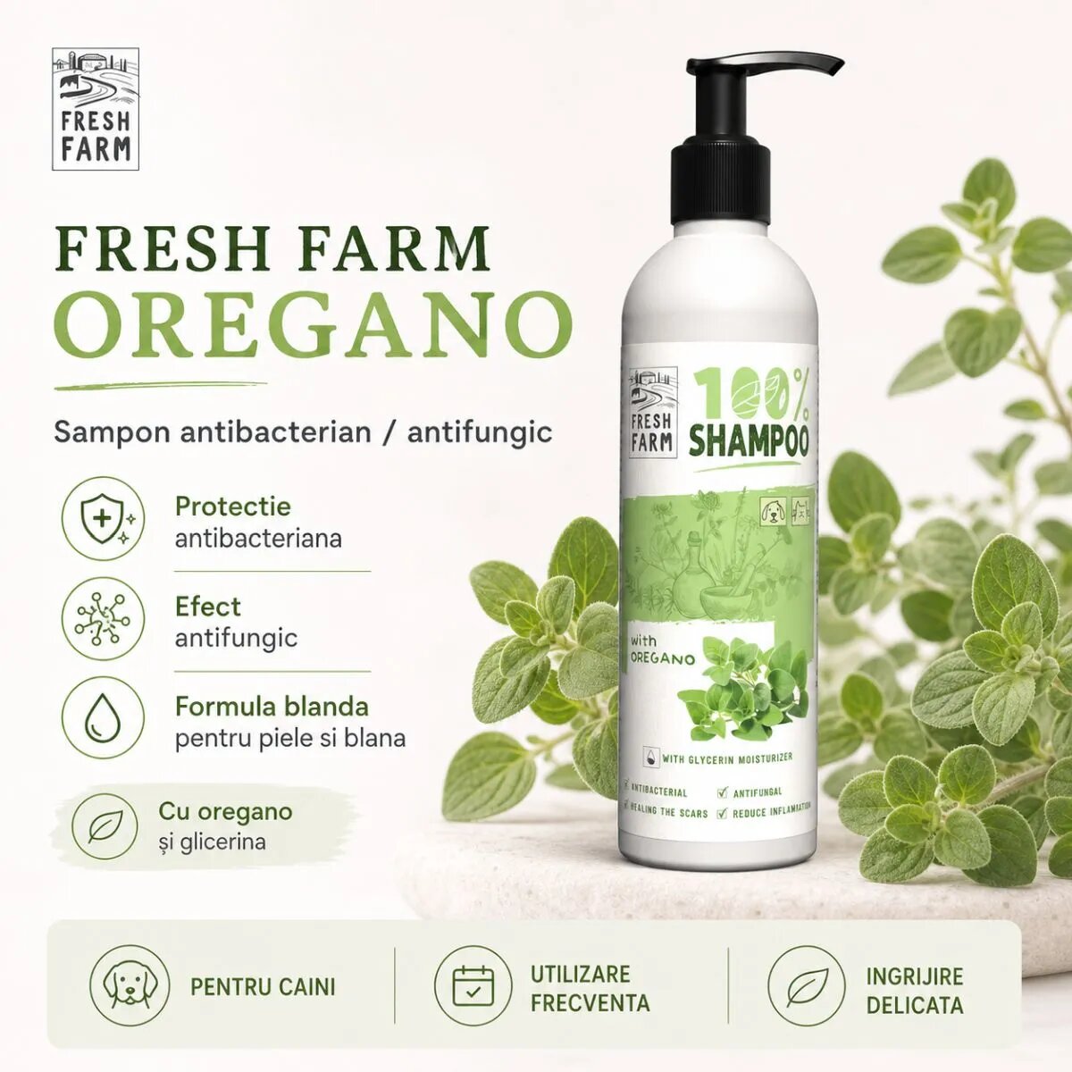 FRESH FARM Oregano XS-XL șampon câini antibacterian / antifungic flacon 250ml