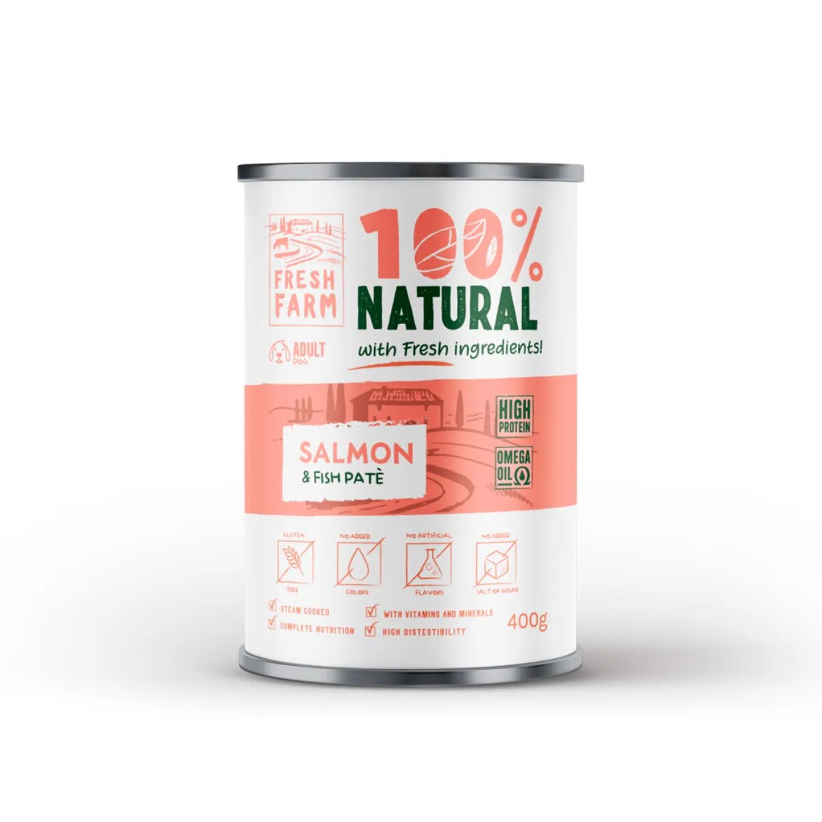 FRESH FARM Smooth XS-XL Pește și Somon conservă hrană umedă câini (pate) 400g