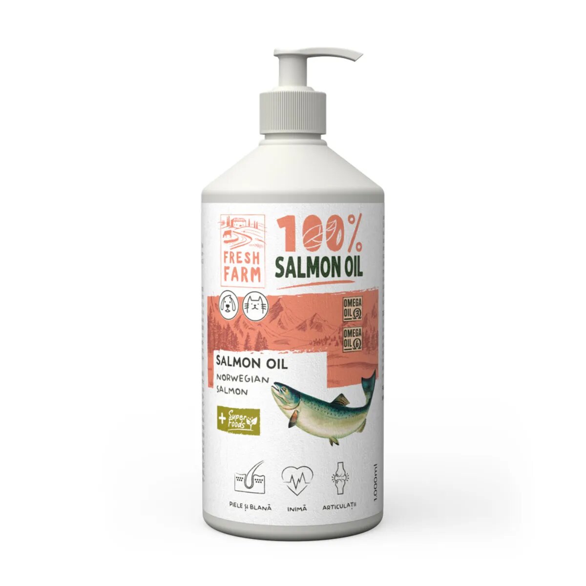 FRESH FARM Ulei de Somon supliment piele & blană sistem cardio-vascular câini ulei Ulei de Somon XS-XL supliment piele & blană sistem cardio-vascular câini și pisici flacon 250ml ulei