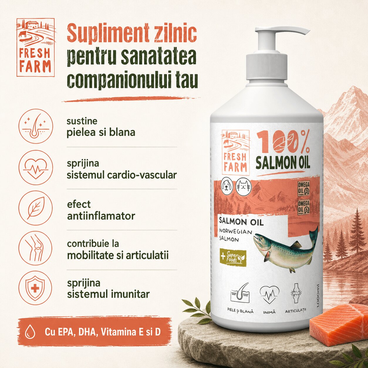 FRESH FARM Ulei de Somon supliment piele & blană sistem cardio-vascular câini ulei Ulei de Somon XS-XL supliment piele & blană sistem cardio-vascular câini și pisici flacon 250ml ulei