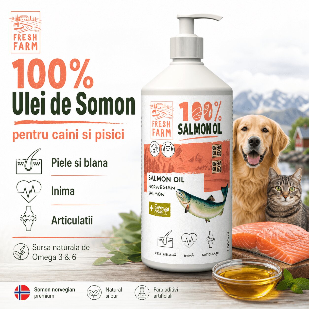 FRESH FARM Ulei de Somon supliment piele & blană sistem cardio-vascular câini ulei Ulei de Somon XS-XL supliment piele & blană sistem cardio-vascular câini și pisici flacon 250ml ulei