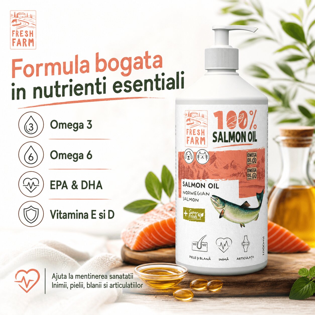 FRESH FARM Ulei de Somon supliment piele & blană sistem cardio-vascular câini ulei Ulei de Somon XS-XL supliment piele & blană sistem cardio-vascular câini și pisici flacon 500ml ulei