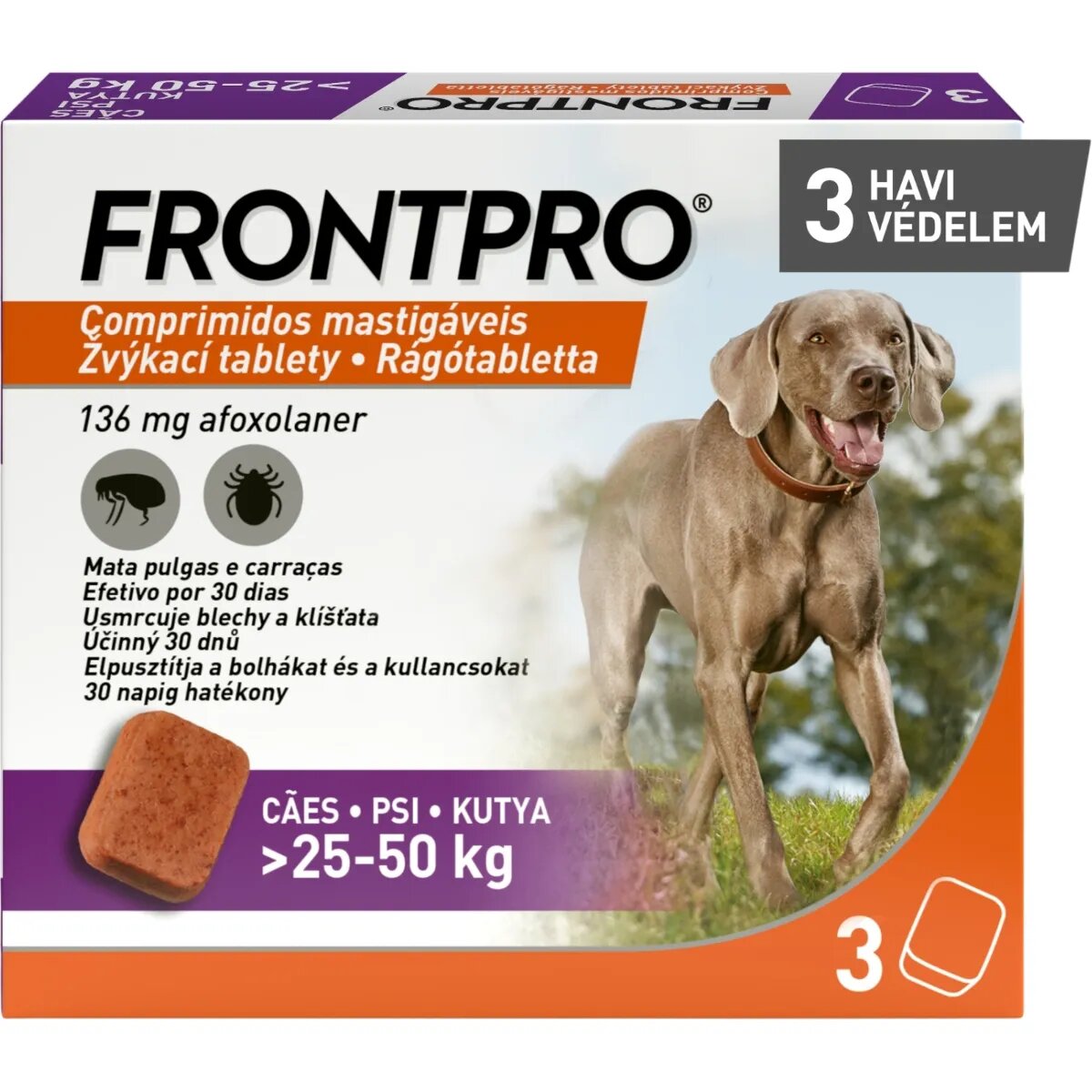 Frontpro deparazitare externă câini comprimate masticabile deparazitare externă câini XL(25 - 50kg) comprimate masticabile 136mg x 3buc