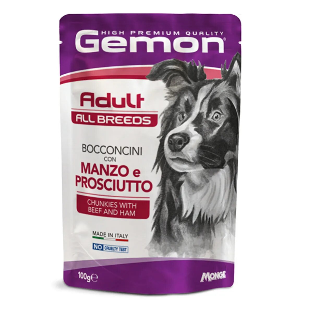 Gemon All Breeds XS-XL Vită și Șuncă plic hrană umedă fără cereale câini (în aspic) bax 100g x 24buc