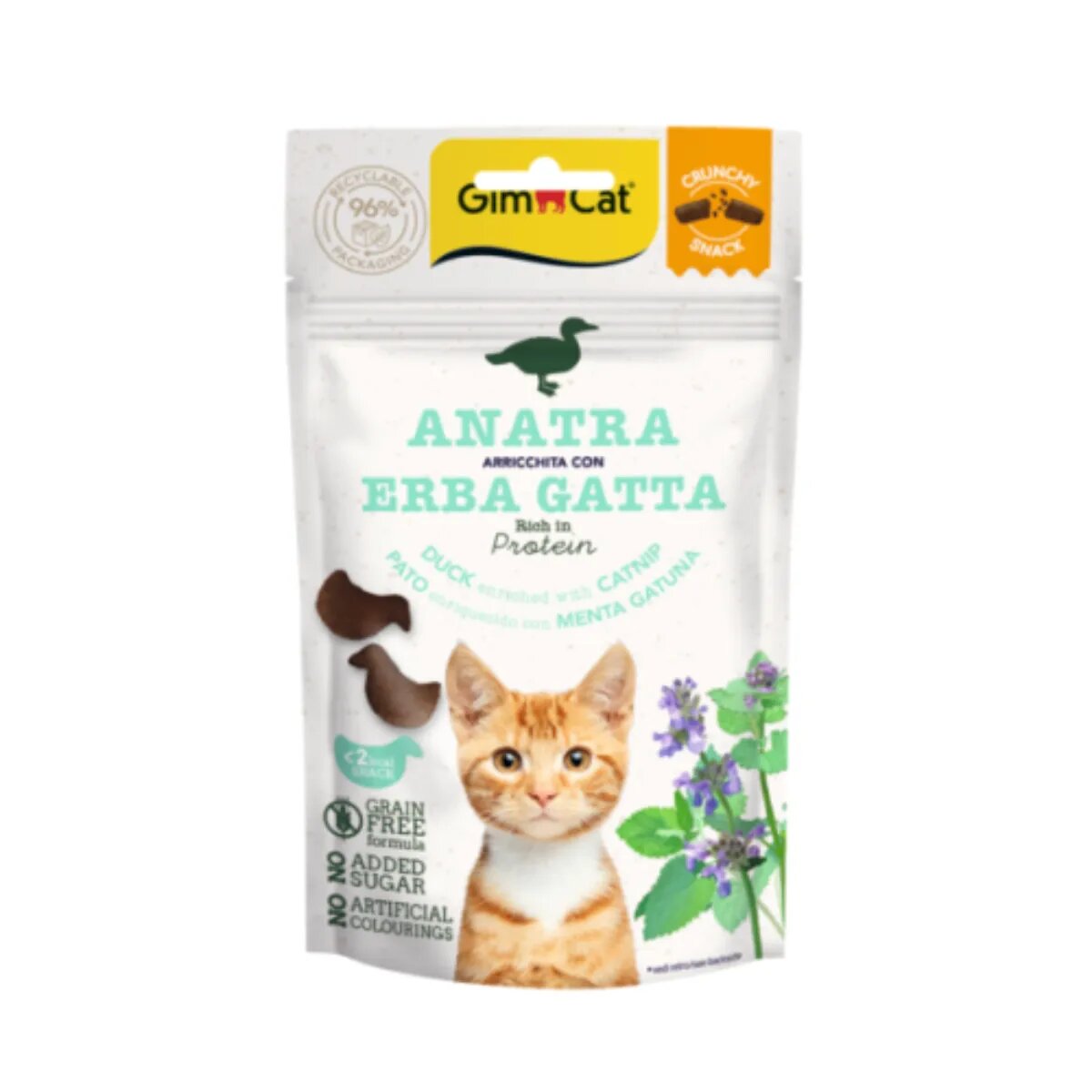 GimCat Crunchy Rață și Catnip punguță recompense fără cereale pisici 50g