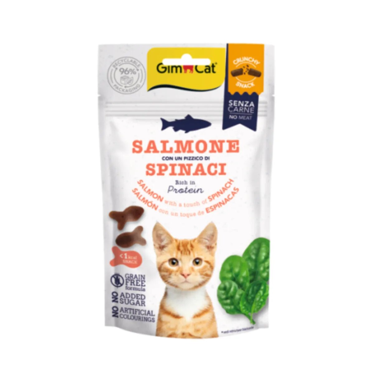GimCat Crunchy Somon și Spanac punguță recompense fără cereale pisici 50g