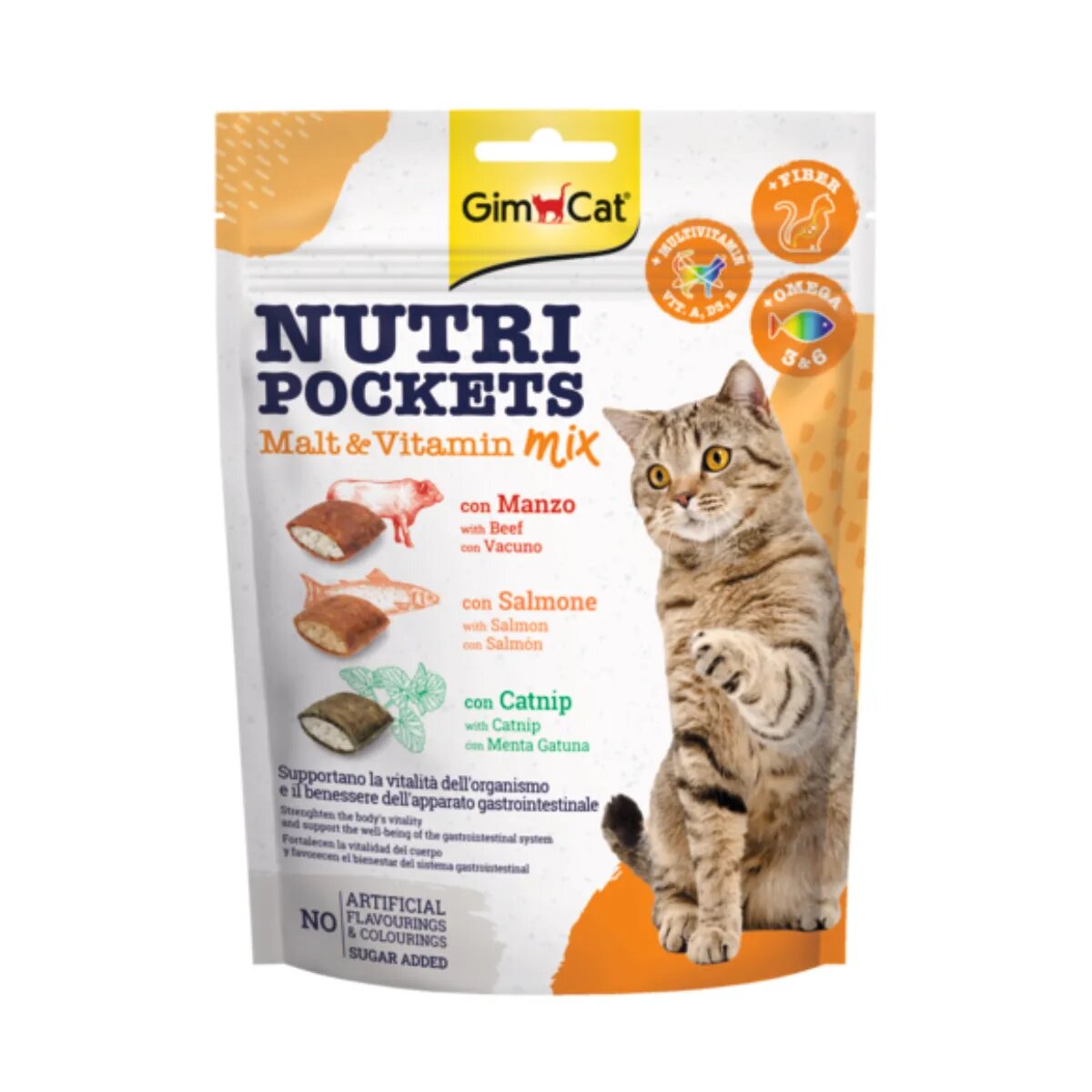 GimCat Nutri Pockets Malt & Vitamine Mix Catnip Vițel și Somon punguță recompense funcționale pisici 150g