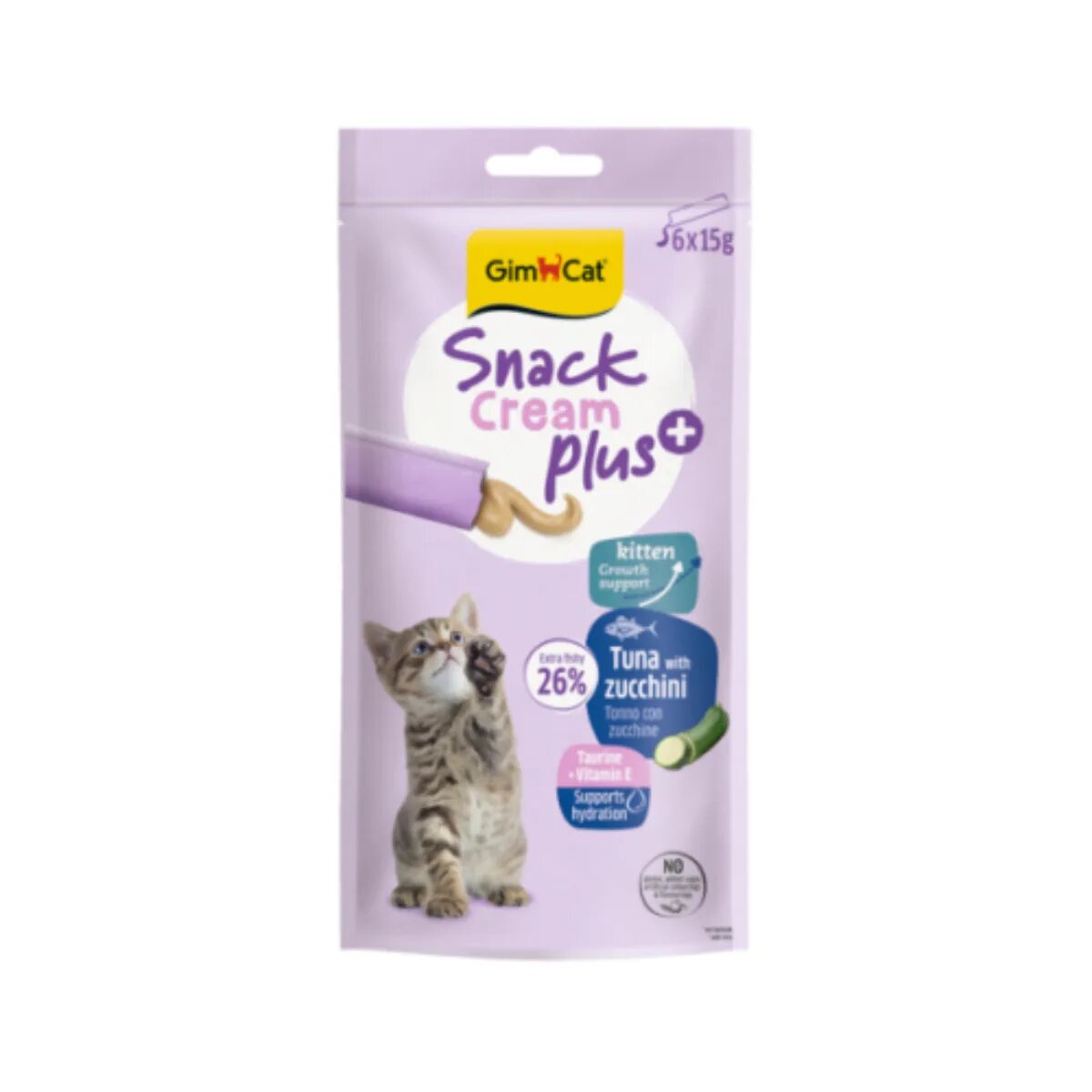 GimCat Snack Cream Plus Kitten Ton și Zucchini punguță recompense pisici junior 90g