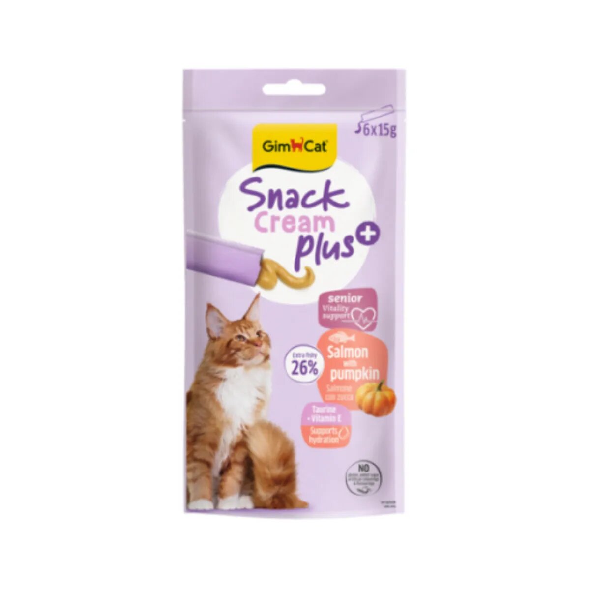 GimCat Snack Cream Plus Senior Somon și dovleac punguță recompense pisici senior 90g