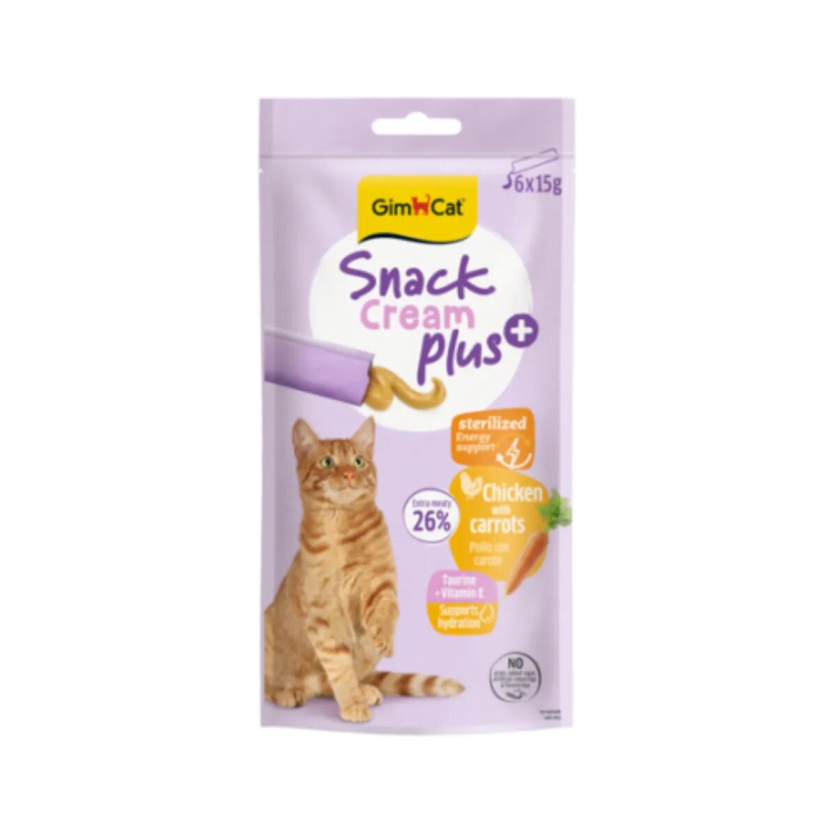 GimCat Snack Cream Plus Sterilized Pui și Morcov punguță recompense pisici sterilizate 90g