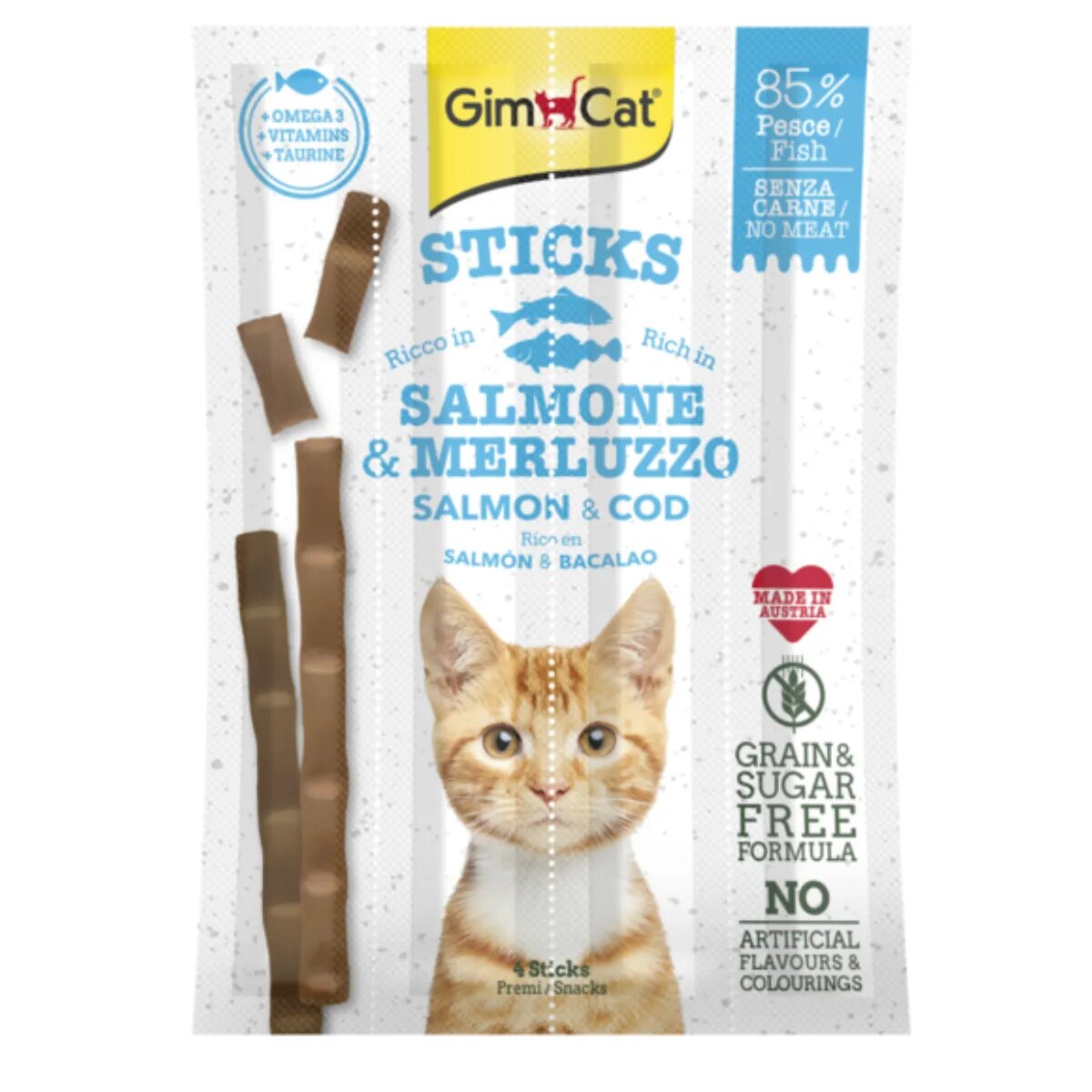 GimCat Sticks Somon și Cod punguță recompense fără cereale pisici 20g