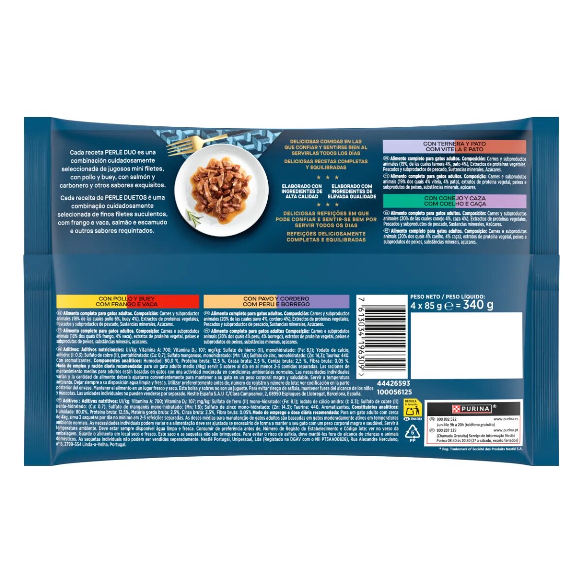 Gourmet Perle Pui și Vită Curcan și Miel Vițel și Rață Iepure și Vânat plic hrană umedă pisici (în sos) multipack 85g x 4buc