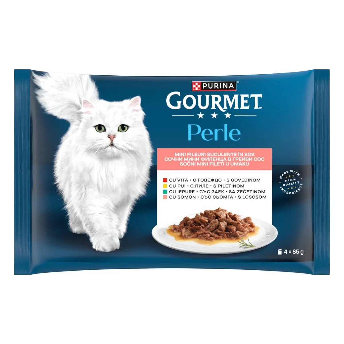 Gourmet Perle Vită Pui Iepure Somon plic hrană umedă pisici (în sos) multipack 85g x 4buc