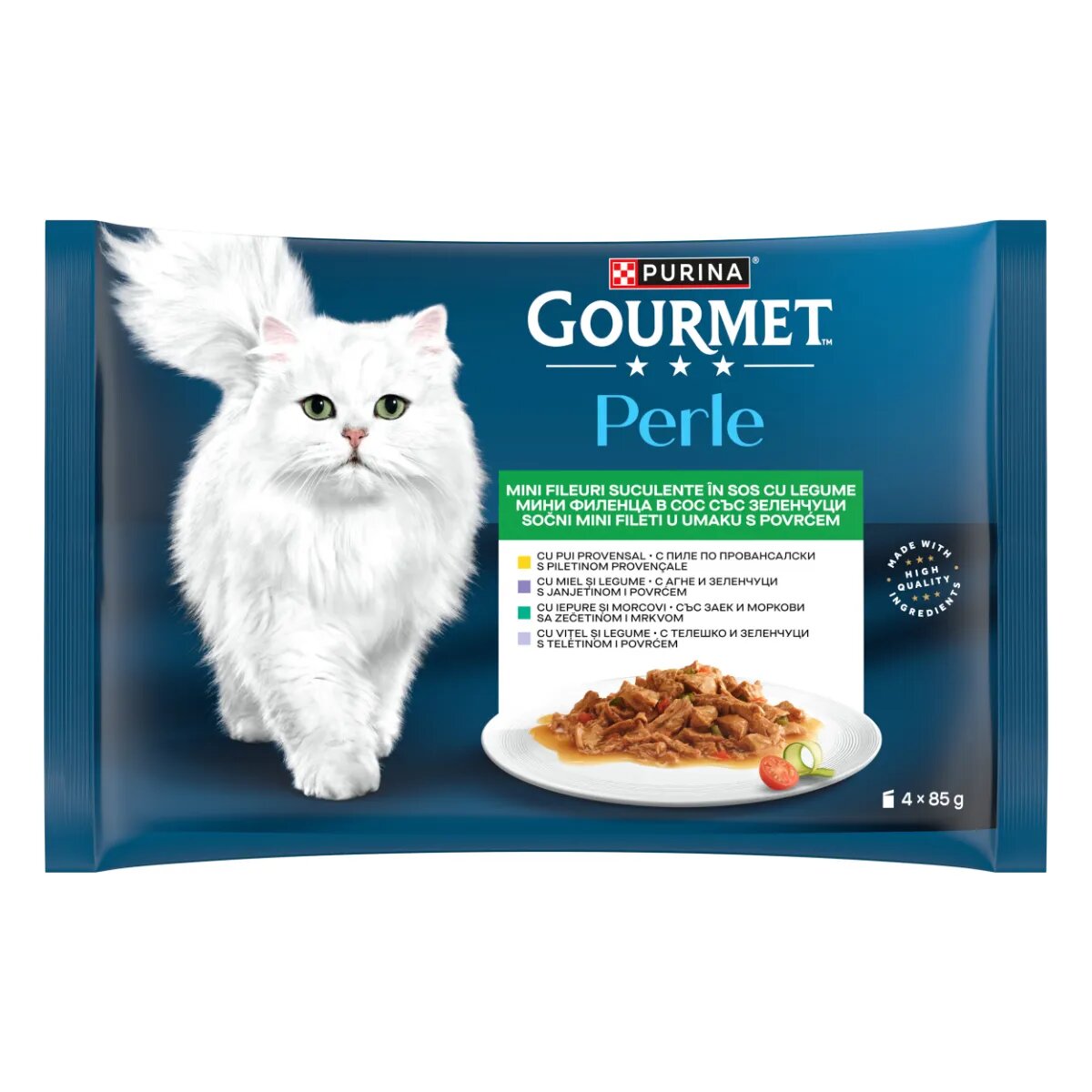 Gourmet Perle Vițel Pui Iepure cu Legume Miel cu Legume plic hrană umedă pisici (în sos) multipack 85g x 4buc