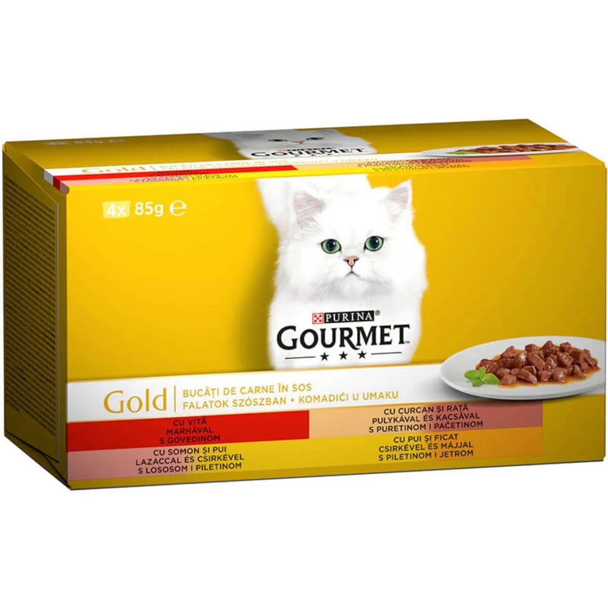 Gourmet PURINA Gold 4 arome (Vită Curcan și Rață Somon și Pui Pui și Ficat) pachet mixt conservă hrană umedă pisici (bucăti în sos) 85g x 4