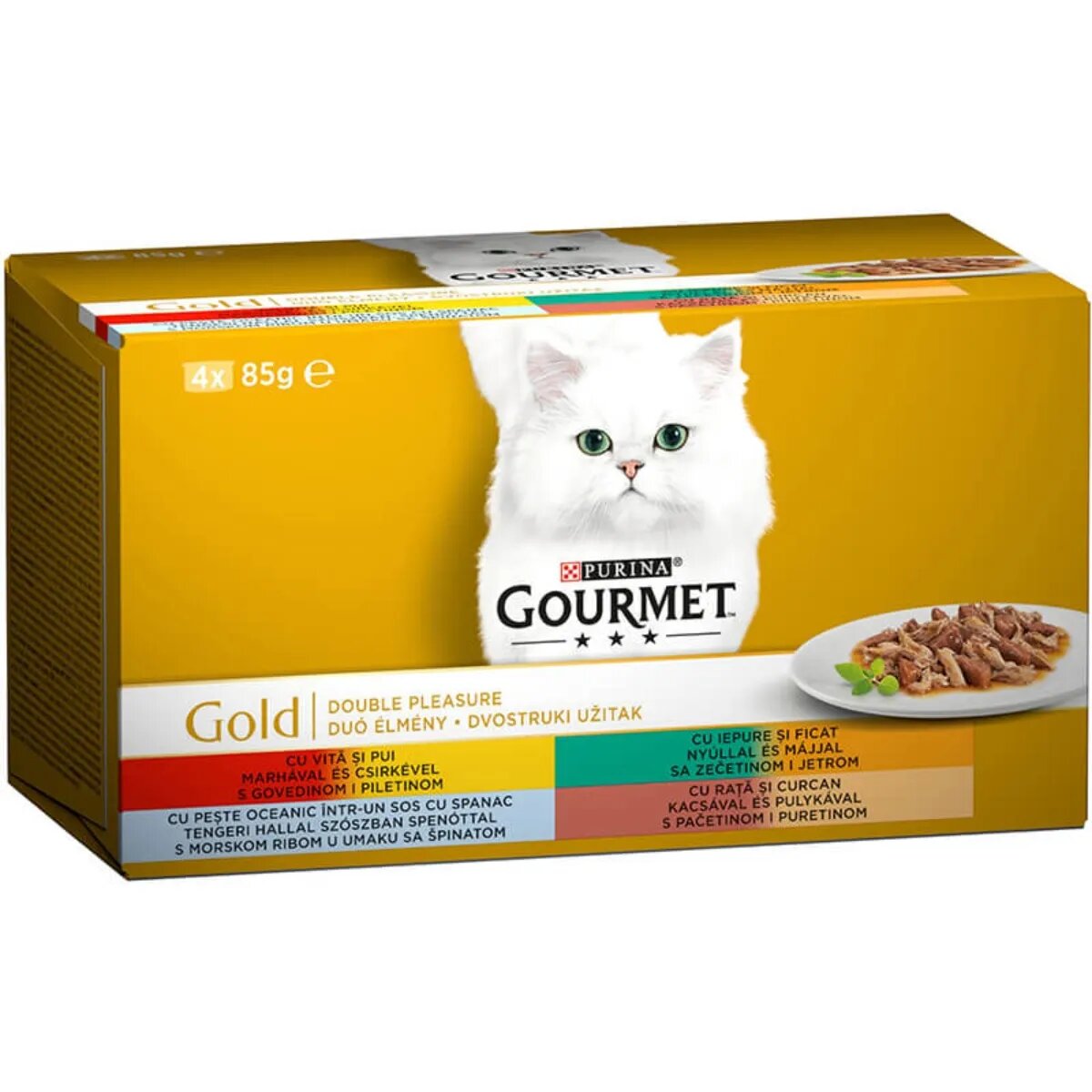 Gourmet PURINA Gold 4 arome(Vită și Pui Rață și Curcan Pește cu Spanac Iepure și Ficat) multipack conservă hrană umedă pisici (în sos) 85g x 4