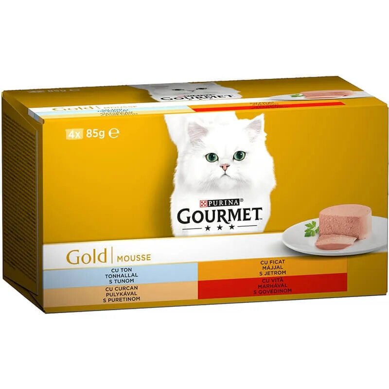 Gourmet PURINA Gold Mousse 4 arome (Vită Curcan Ficat Ton) pachet mixt conservă hrană umedă pisici (pate) 85g x 4