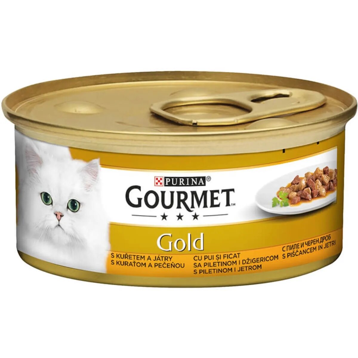 Gourmet PURINA Gold Pui și Ficat conservă hrană umedă pisici (bucăti în sos) 85g