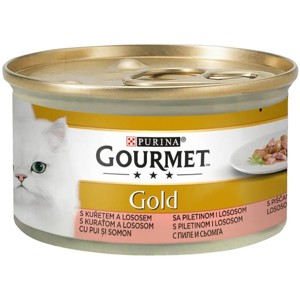 Gourmet PURINA Gold Pui și Somon conservă hrană umedă pisici (bucăti în sos) 85g