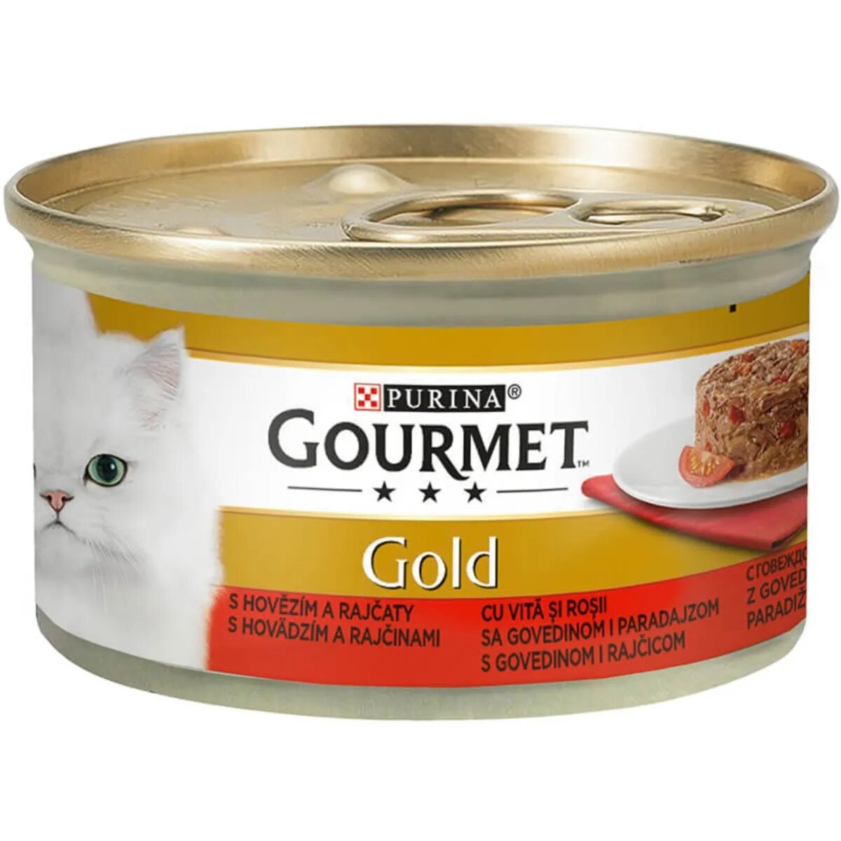 Gourmet PURINA Gold Savoury Cake Vită cu Roșii conservă hrană umedă pisici (bucăți de carne) 85g