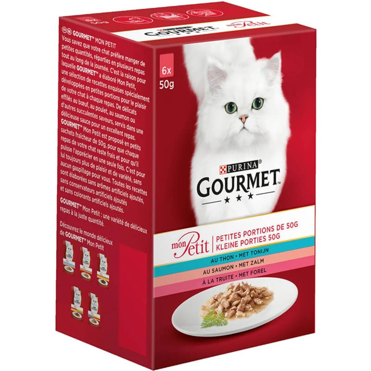 Gourmet PURINA Mon Petit 3 arome (Somon Ton Păstrăv) pachet mixt plic hrană umedă pisici (în sos) 50g x 6