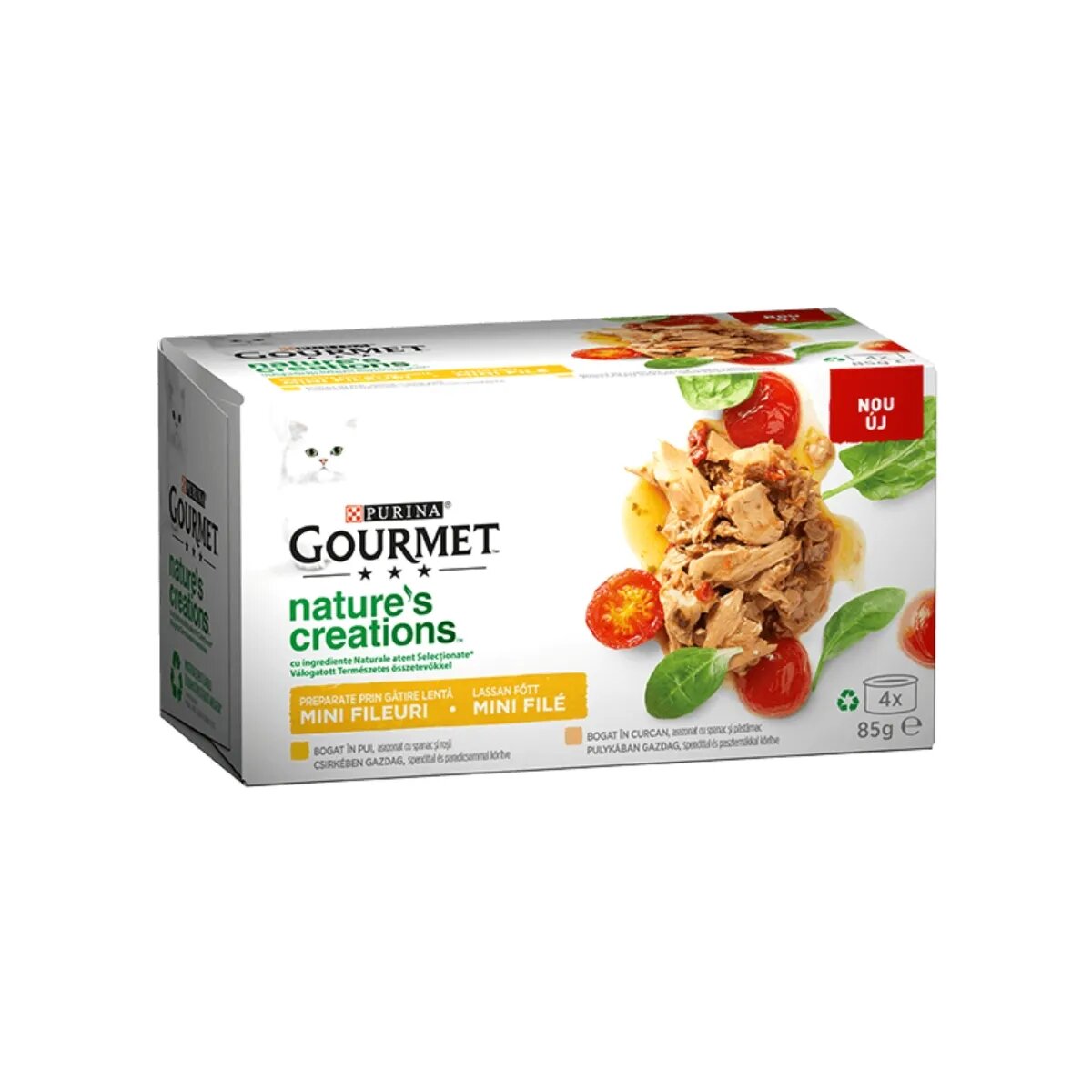Gourmet PURINA Nature's Creations 2 arome (Pui cu Spanac Curcan cu Păstârnac) pachet mixt conservă hrană umedă pisici 85g x 4