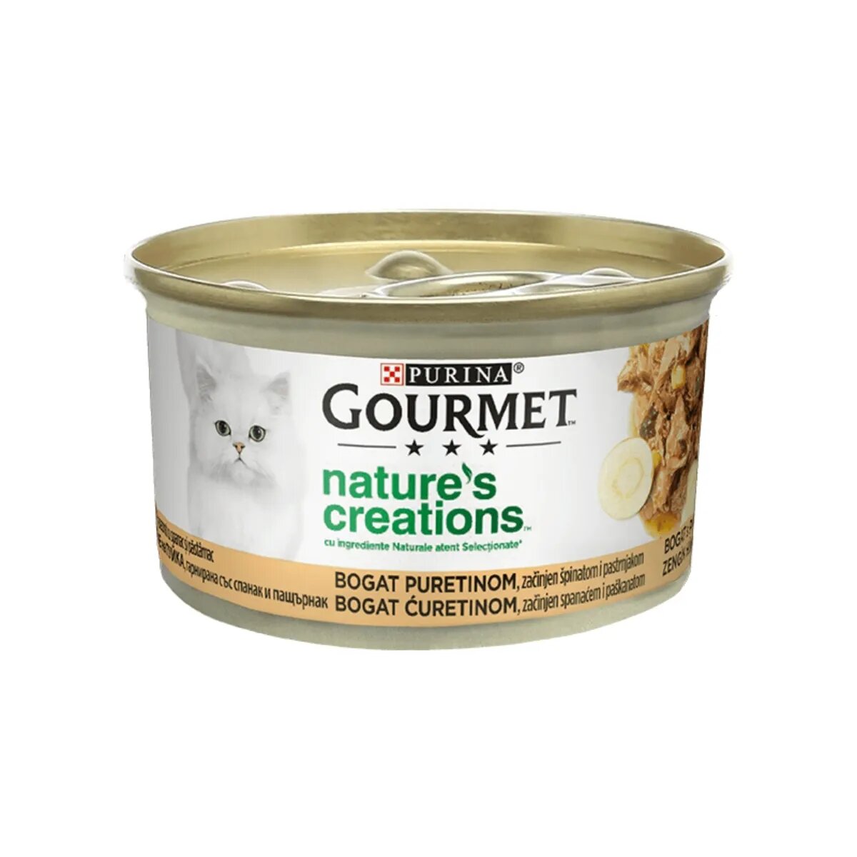 Gourmet PURINA Nature's Creations Curcan cu Păstârnac și Spanac conservă hrană umedă pisici 85g