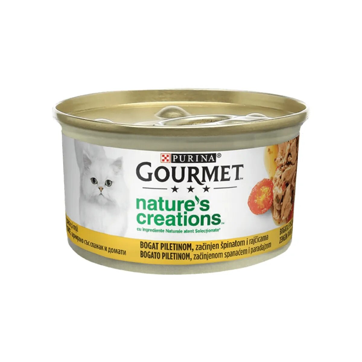 Gourmet PURINA Nature's Creations Pui cu Spanac și Roșii conservă hrană umedă pisici 85g