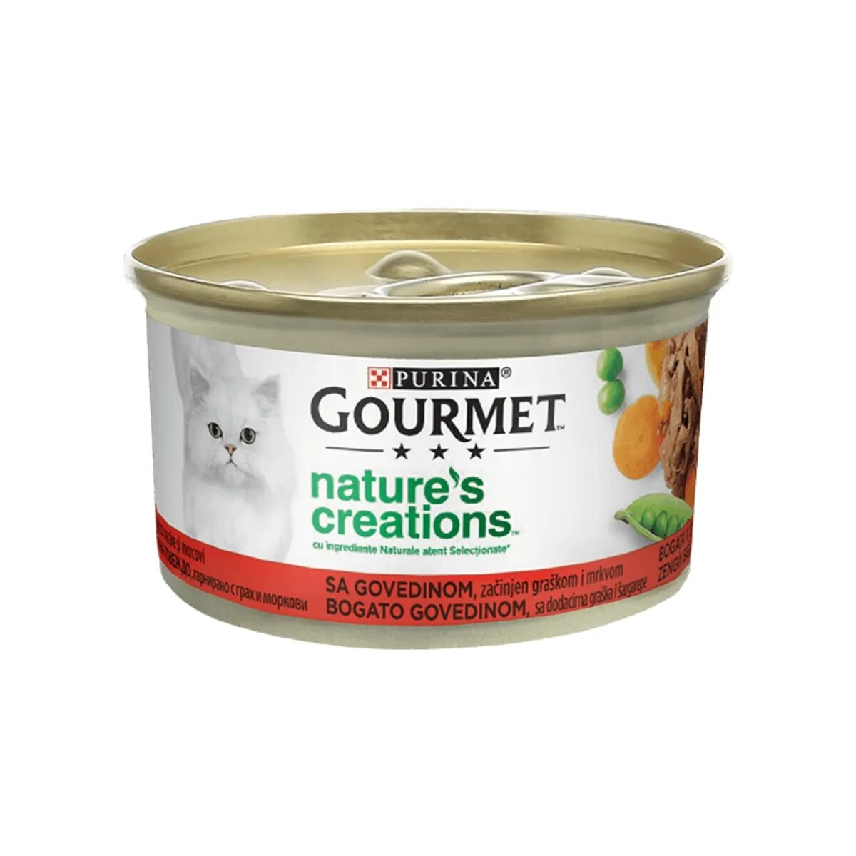 Gourmet PURINA Nature's Creations Vită cu Mazăre și Morcov conservă hrană umedă pisici 85g