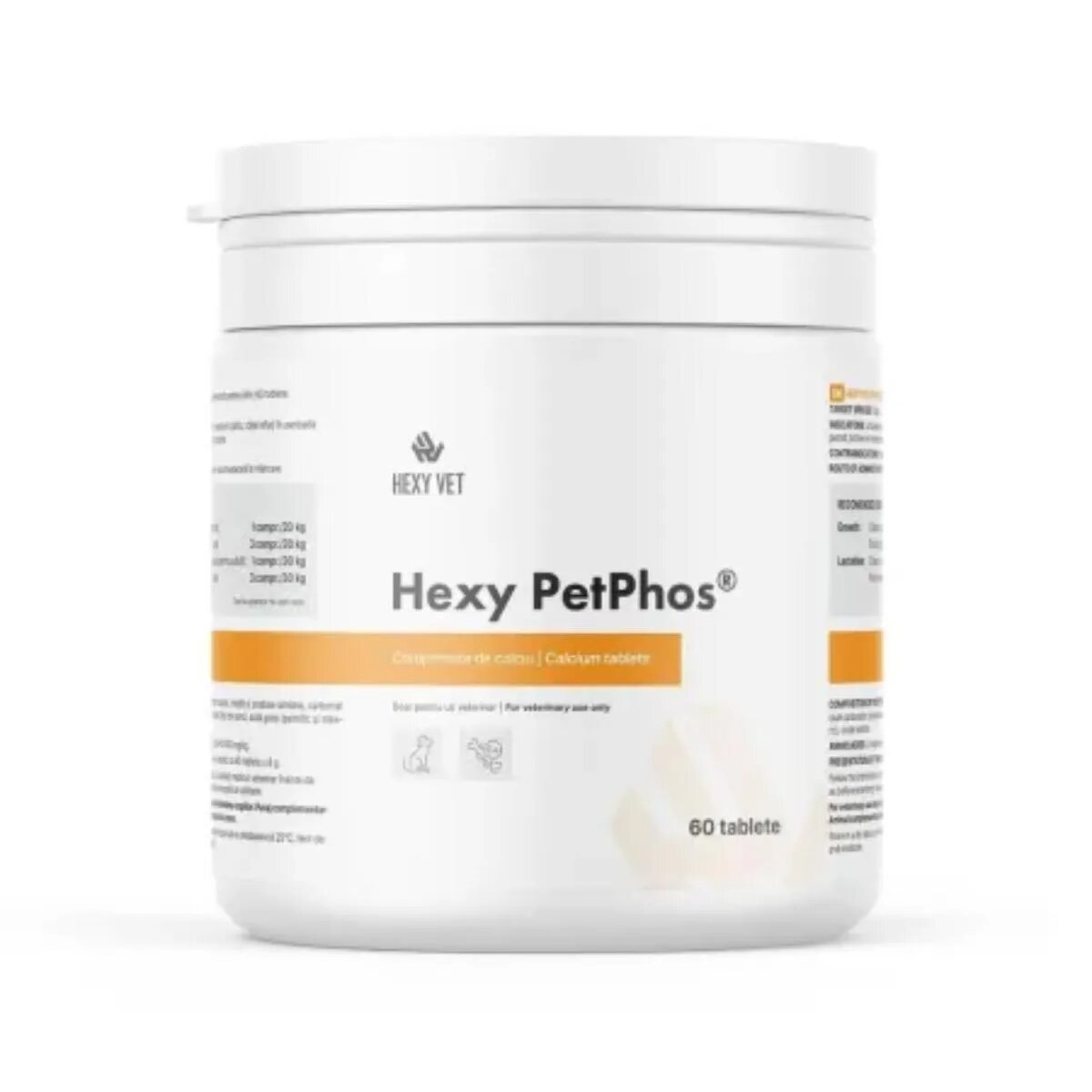 HEXY VET Hexy PetPhos comprimate de calciu supliment sistem osos câini comprimate Hexy PetPhos comprimate de calciu XS-XL supliment sistem osos câini flacon 60 comprimate
