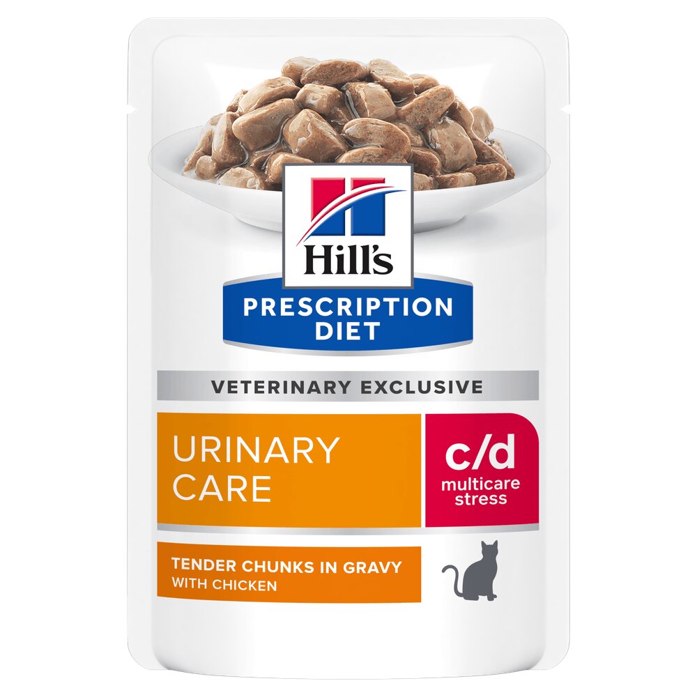 HILL'S Prescription Diet c/d Pui dietă veterinară plic hrană umedă pisici sistem urinar sistem nervos & calmante (în sos) bax 85g x 12buc