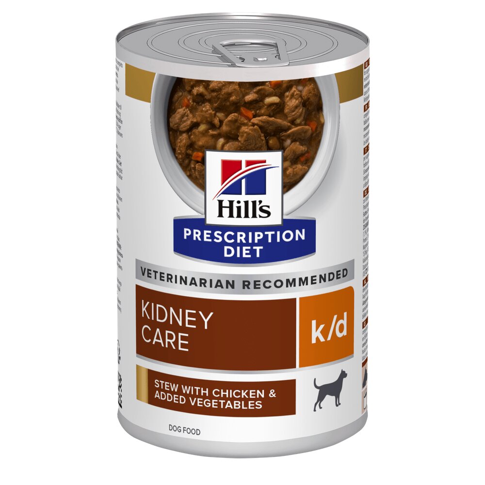 HILL'S Prescription Diet k/d Kidney Care Pui cu Legume dietă veterinară câini conservă hrană umedă afecțiuni renale k/d Kidney Care Pui cu Legume dietă veterinară câini conservă hrană umedă sistem renal (în sos) 354g
