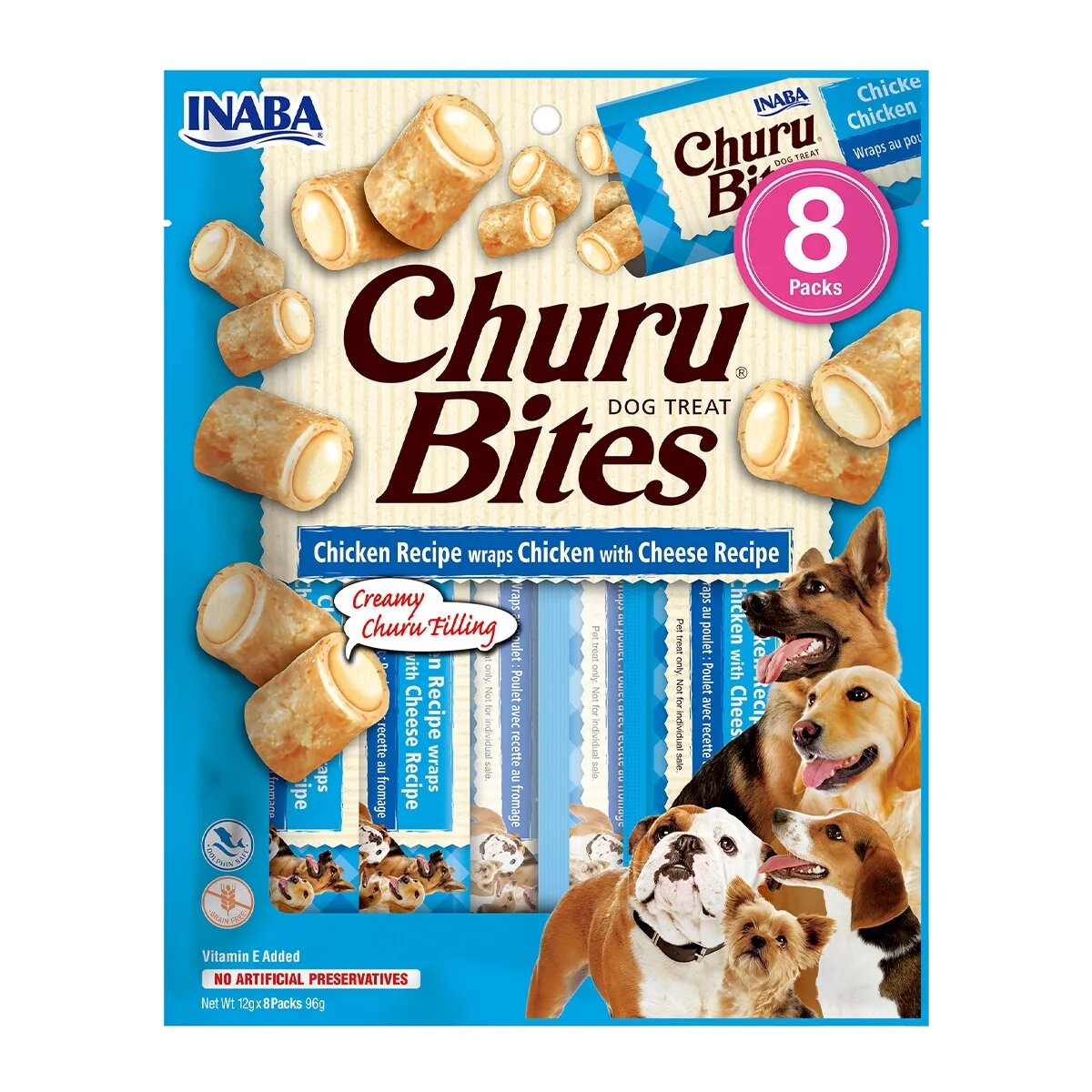 Inaba Churu Bites Pui cu Brânză recompense fără cereale câini pernute umplute 12g x 8
