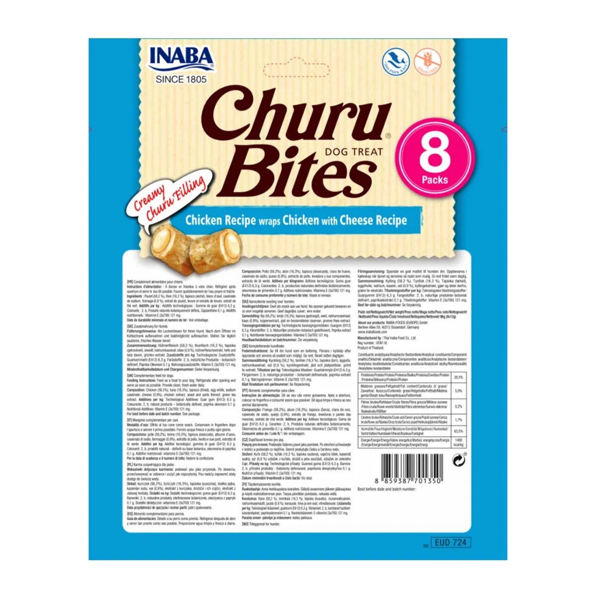 Inaba Churu Bites Pui cu Brânză recompense fără cereale câini pernute umplute 12g x 8