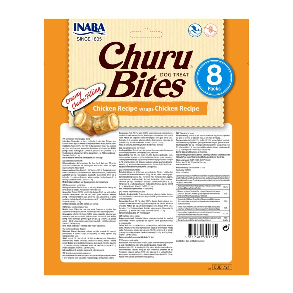 Inaba Churu Bites Pui recompense fără cereale câini pernute umplute 12g x 8