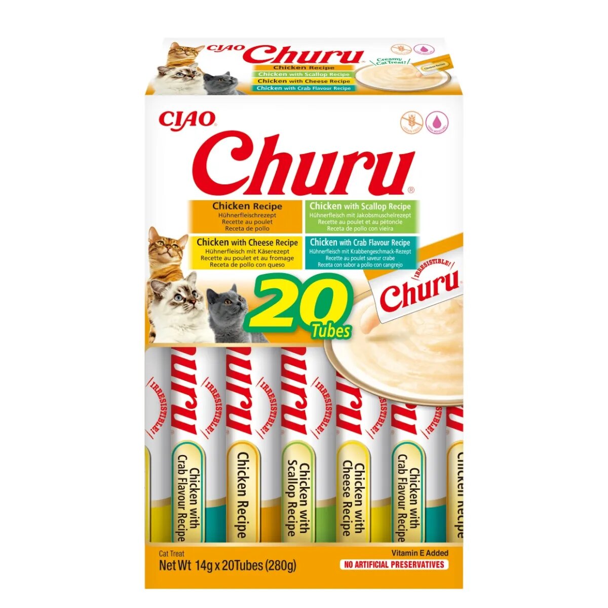 Inaba Churu Chicken Varieties (Pui Pui și Scoici| Brânză| Creveți) cutie tub recompense fără cereale pisici (topping) 280g