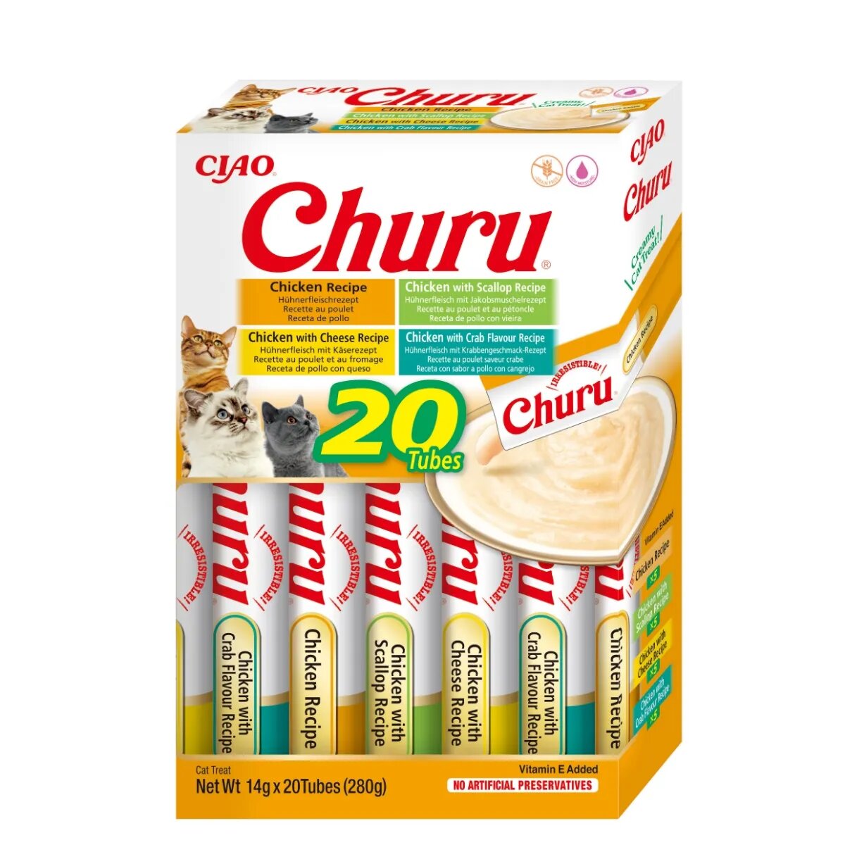 Inaba Churu Chicken Varieties (Pui Pui și Scoici| Brânză| Creveți) cutie tub recompense fără cereale pisici (topping) 280g