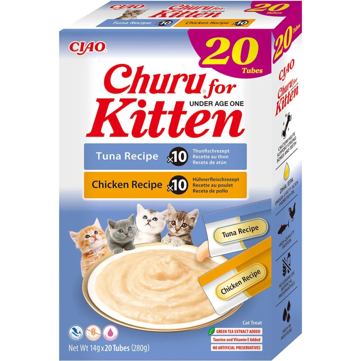 Inaba Churu Creamy Kitten Varieties Pui și Ton cutie recompense fără cereale pisici junior (piure) 280g