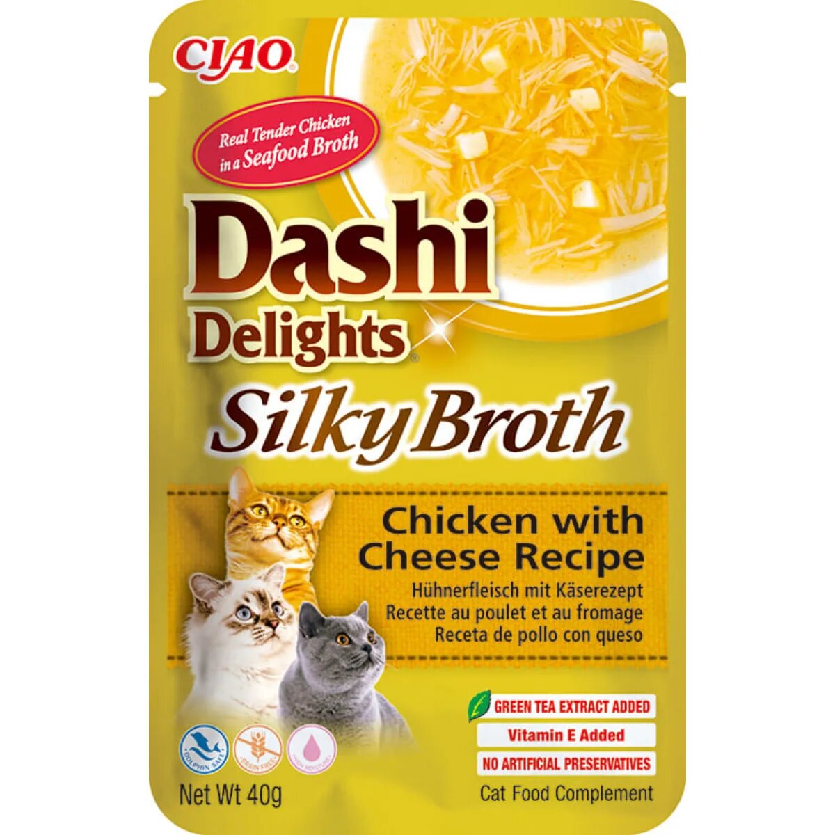 Inaba Churu Dashi Delights Silky Broth Pui și Brânză plic hrană umedă fără cereale pisici (topping) 40g