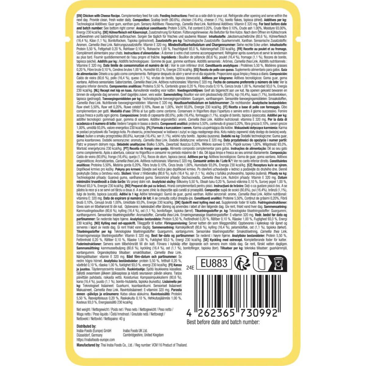 Inaba Churu Dashi Delights Silky Broth Pui și Brânză plic hrană umedă fără cereale pisici (topping) 40g
