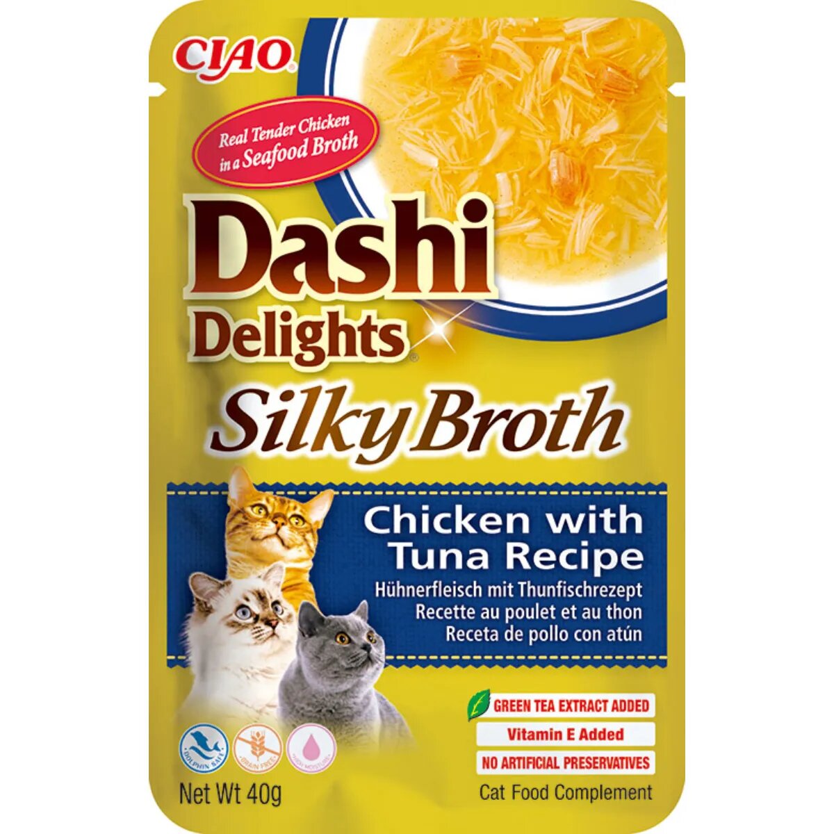 Inaba Churu Dashi Delights Silky Broth Pui și Ton plic hrană umedă fără cereale pisici (topping) 40g