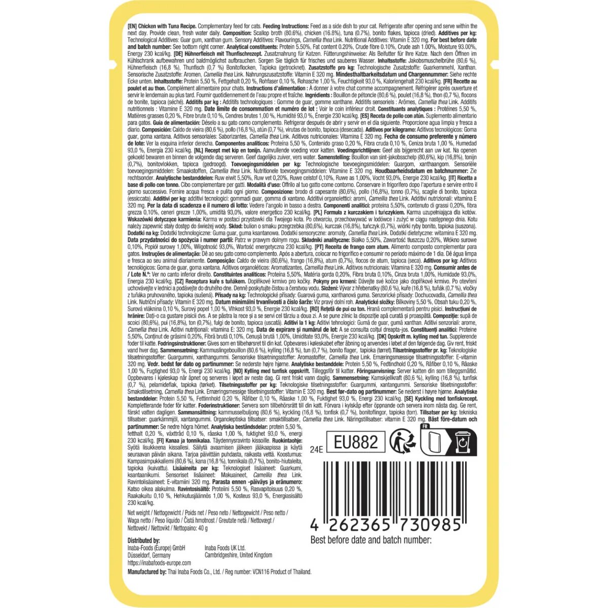 Inaba Churu Dashi Delights Silky Broth Pui și Ton plic hrană umedă fără cereale pisici (topping) 40g